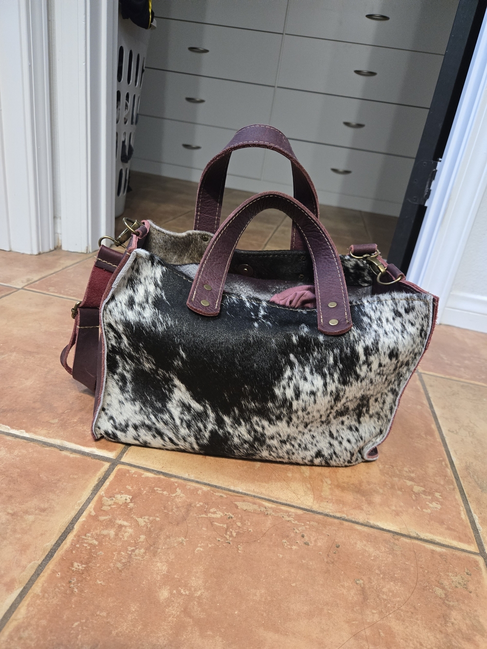Spotted Cowhide Satchel with Burgundy Leather Handles